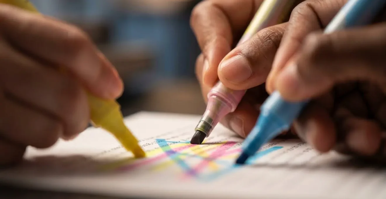 Close-up of hands annotating script pages with colored markers in creative workspace