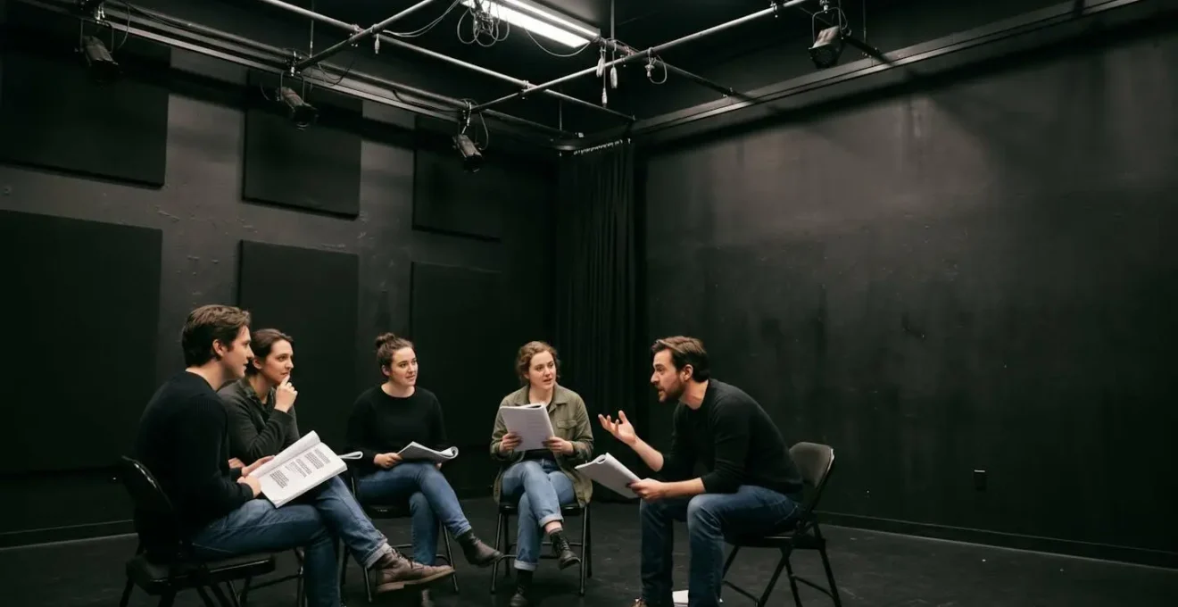 Collaborative theater workshop with playwright and actors discussing script revisions