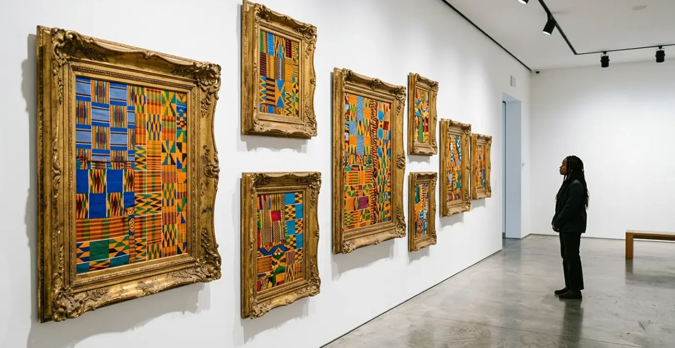 Contemporary gallery space showcasing hybrid artworks blending traditional African textiles with British historical portraiture