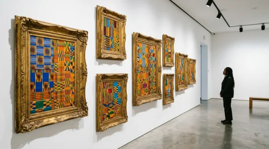 Contemporary gallery space showcasing hybrid artworks blending traditional African textiles with British historical portraiture