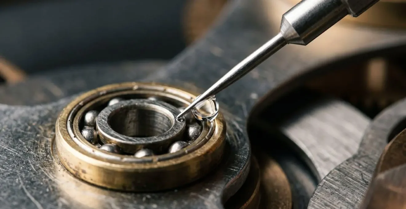 Extreme close-up of a precision oiler applying micro-droplet lubricant to a kinetic sculpture bearing