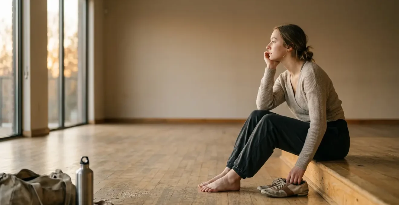 Professional dancer at a pivotal life moment contemplating career transition after performance