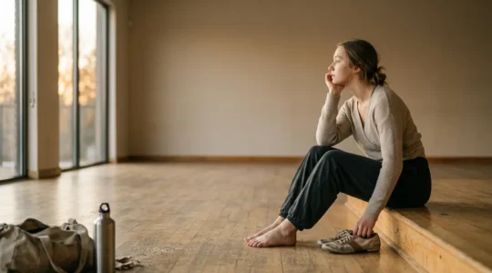 Professional dancer at a pivotal life moment contemplating career transition after performance