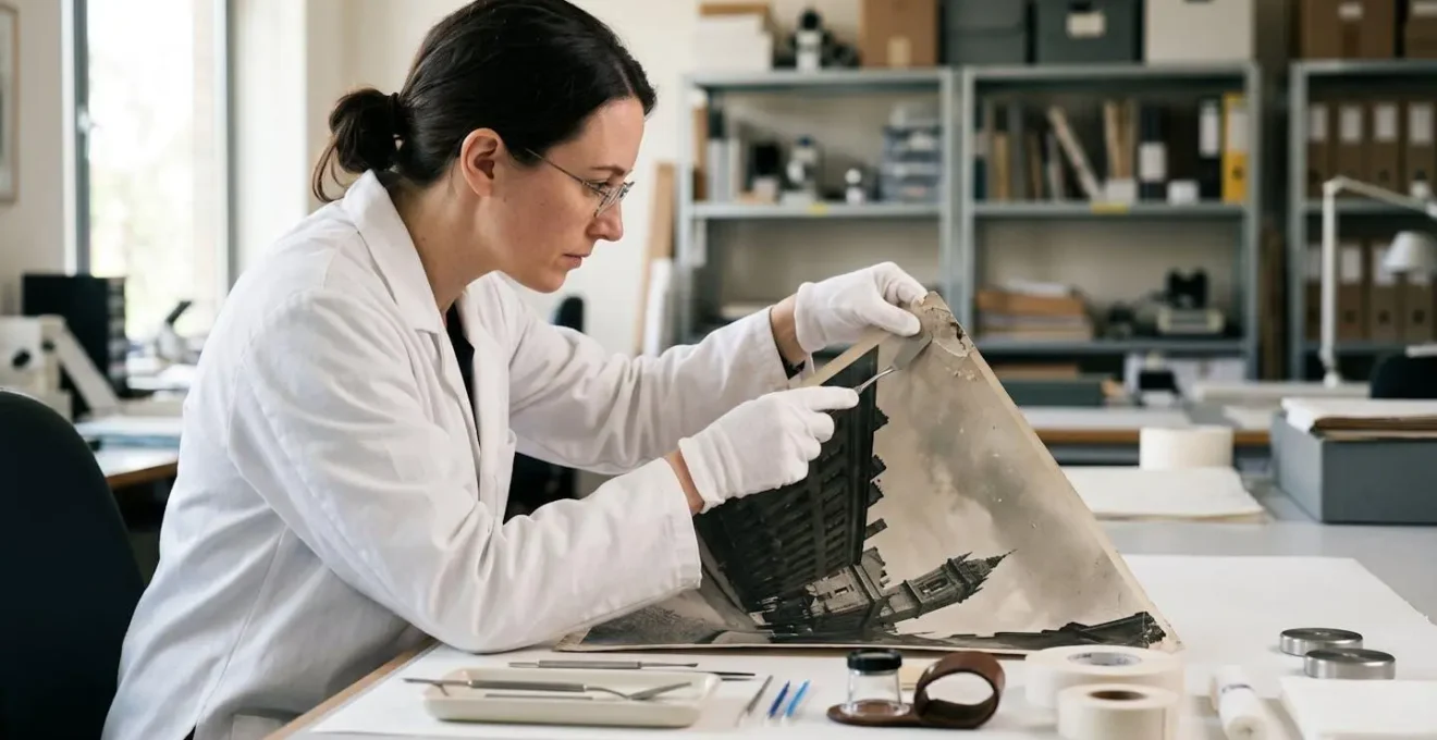 Conservation professional examining photographic print mounting with specialized tools