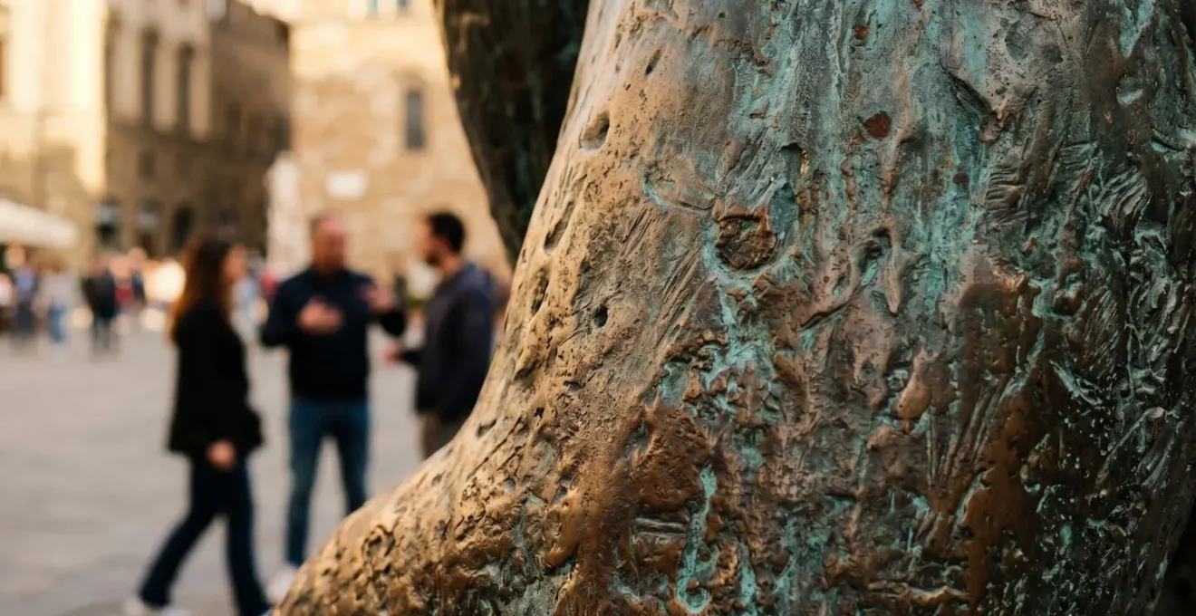 Visitors engaging with contemporary public sculpture in urban heritage square with natural afternoon light and negative space