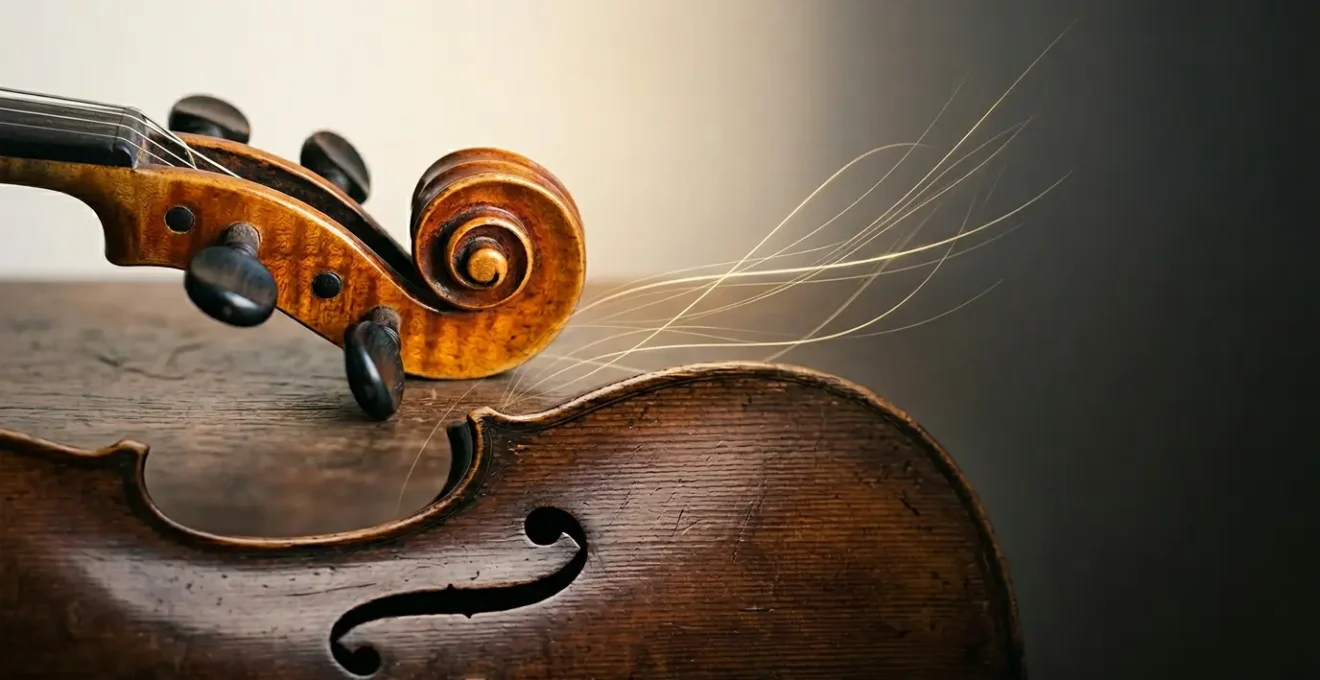 Close-up of antique Italian violin and cello alongside financial growth charts