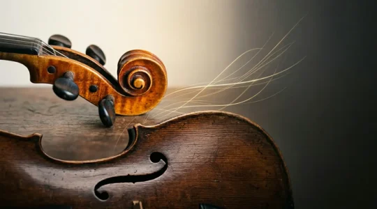Close-up of antique Italian violin and cello alongside financial growth charts