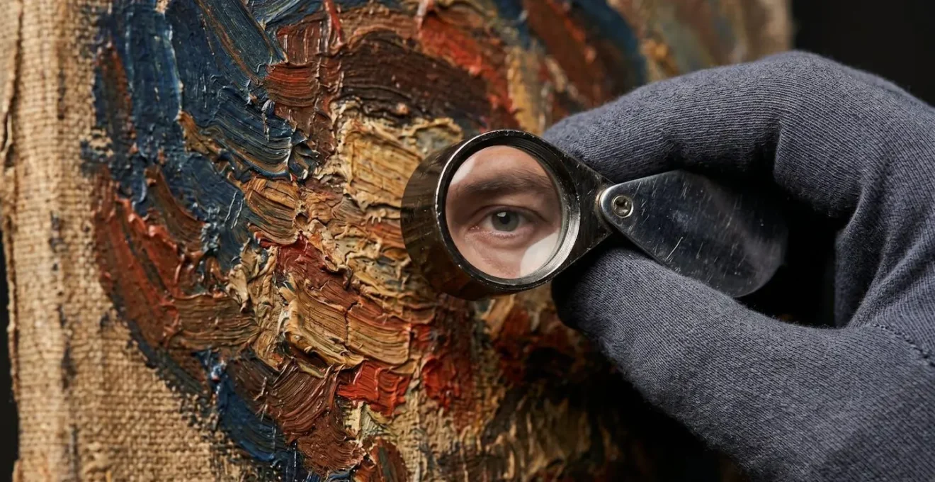 Professional RICS valuer examining fine art painting details with specialized equipment in gallery setting