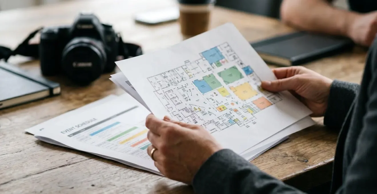 Close-up of hands reviewing event photography planning materials with venue floor plans
