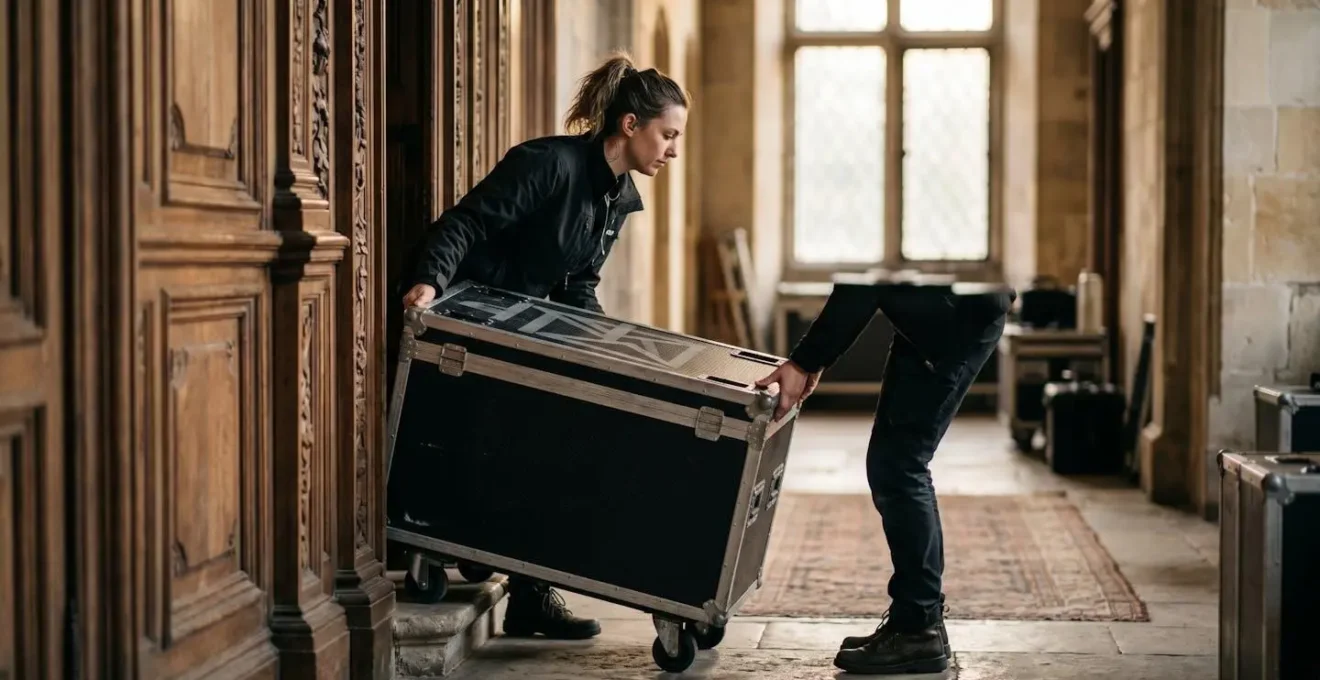 Production crew using rubber-wheeled flight cases during early morning load-in at historic venue