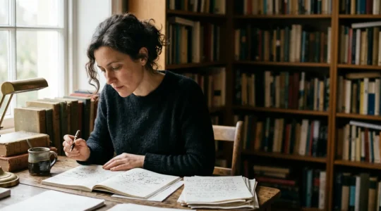 Professional playwright at work creating compelling theatrical narratives