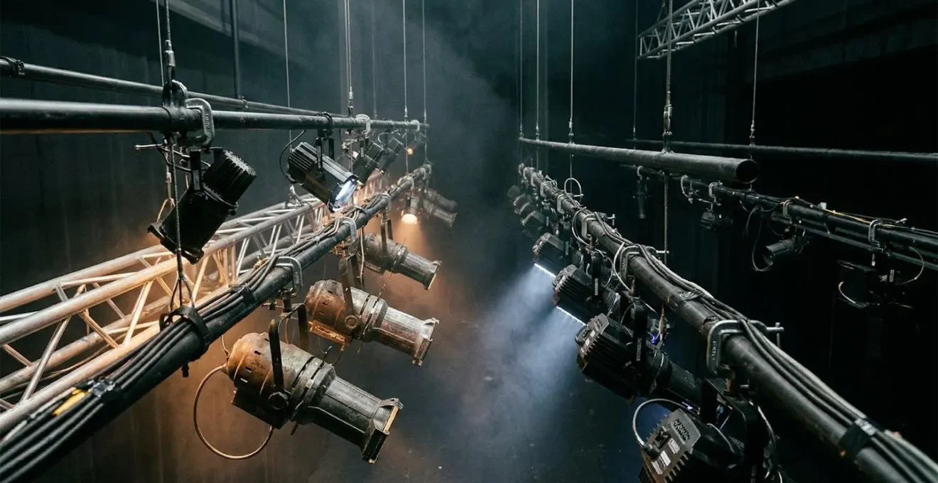 Professional theatre stage lighting system showing modern LED fixtures and traditional tungsten equipment in architectural rigging context
