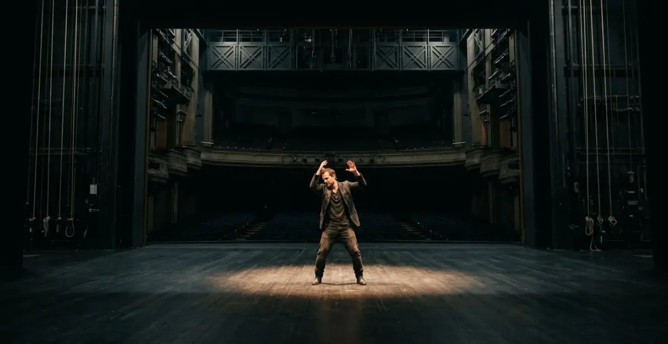 Wide shot of a single actor frozen in stillness on a vast empty stage with dramatic lighting creating isolation