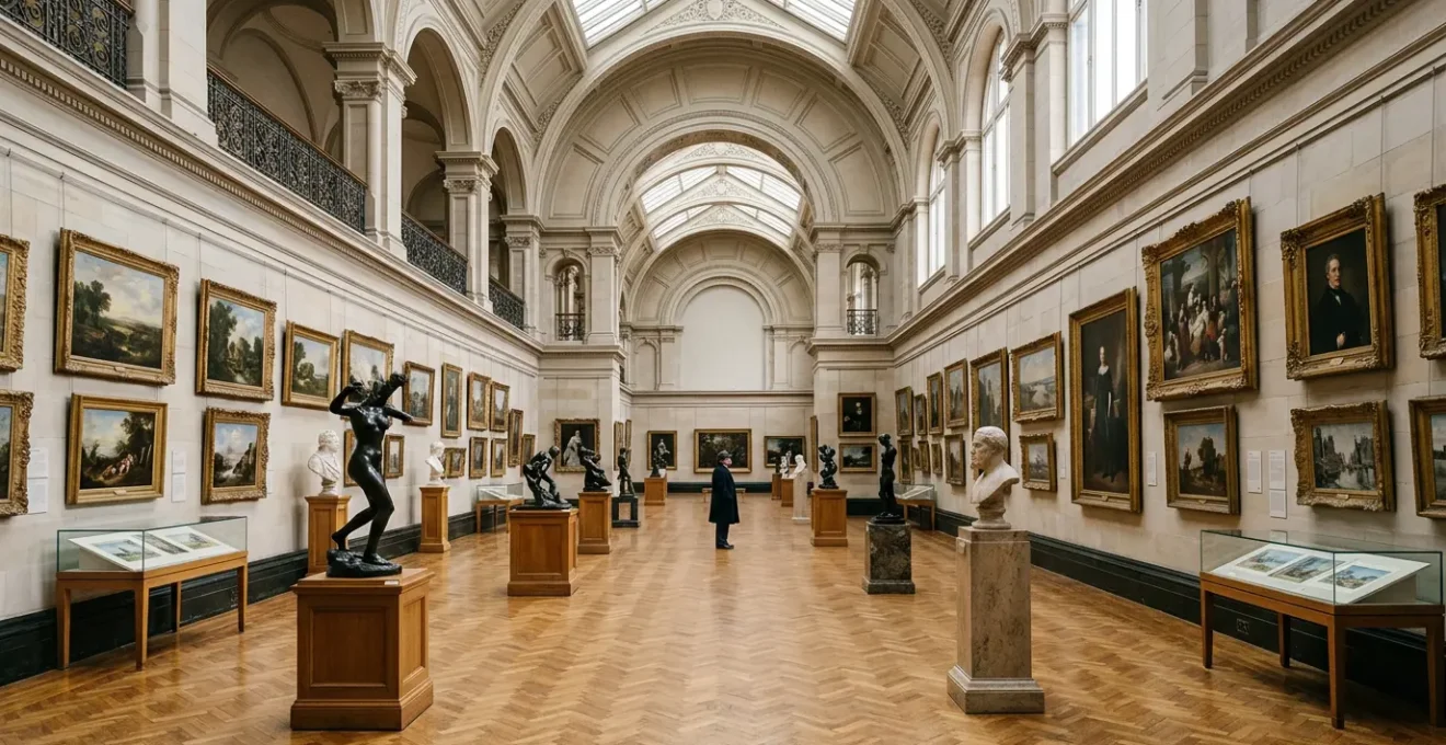 UK art collectors evaluating various artistic mediums in a British gallery setting
