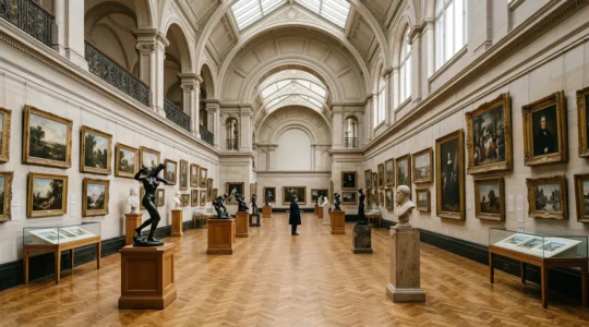 UK art collectors evaluating various artistic mediums in a British gallery setting