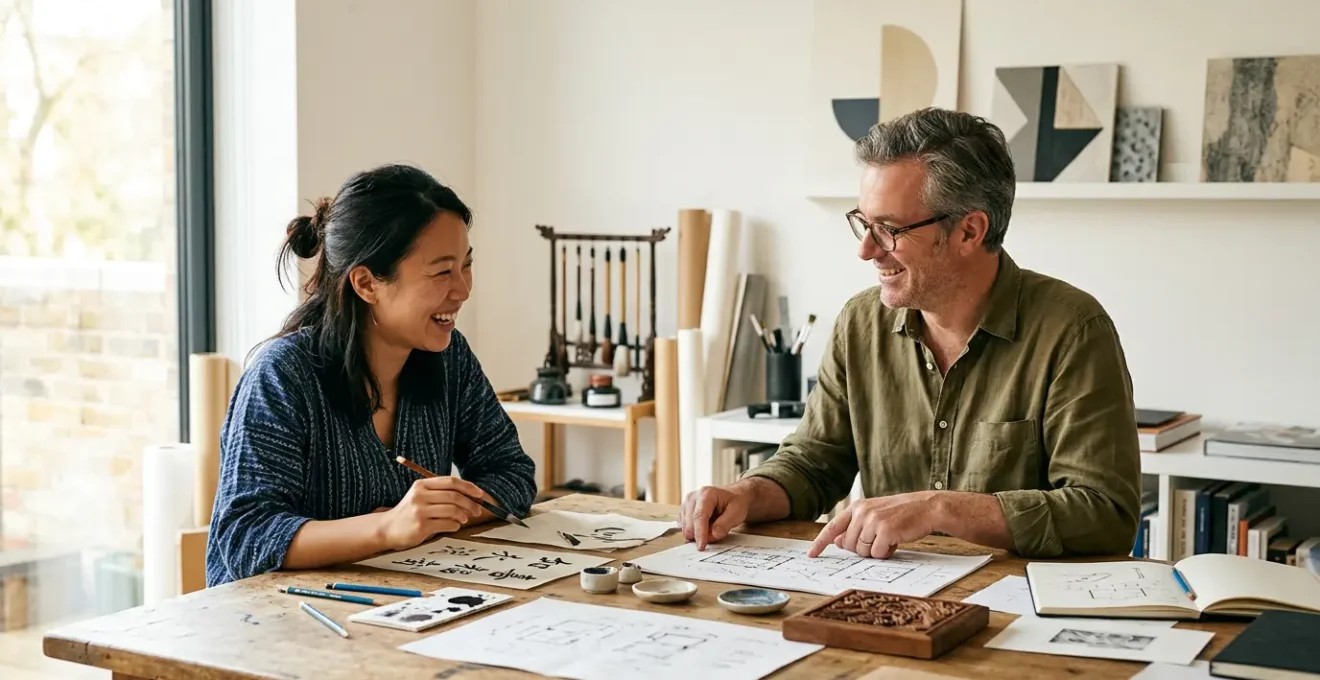 Artists from UK and Asia collaborating on a cross-cultural project in a bright studio space