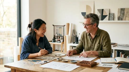 Artists from UK and Asia collaborating on a cross-cultural project in a bright studio space
