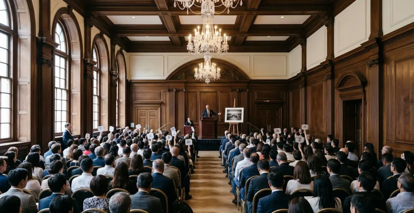 Elegant auction room with diverse international collectors during photography sale