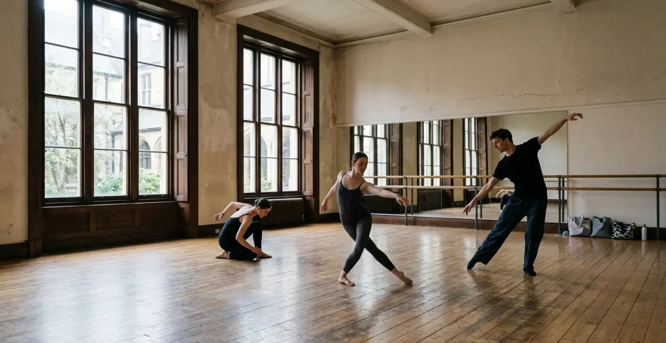 Contemporary dancers training in a bright UK conservatoire studio
