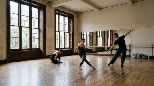 Contemporary dancers training in a bright UK conservatoire studio