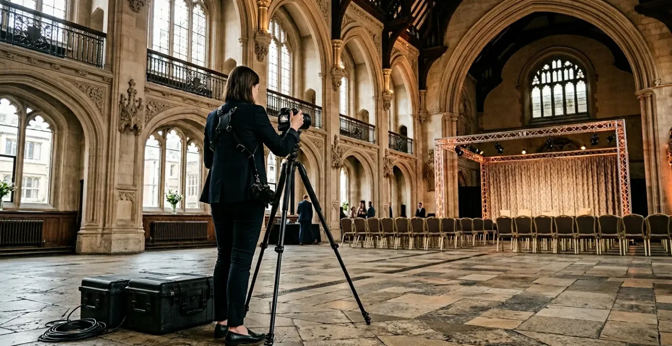 Professional photographer capturing moments at a corporate conference in London venue with dramatic lighting