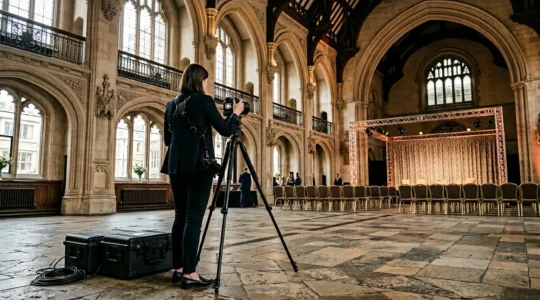 Professional photographer capturing moments at a corporate conference in London venue with dramatic lighting