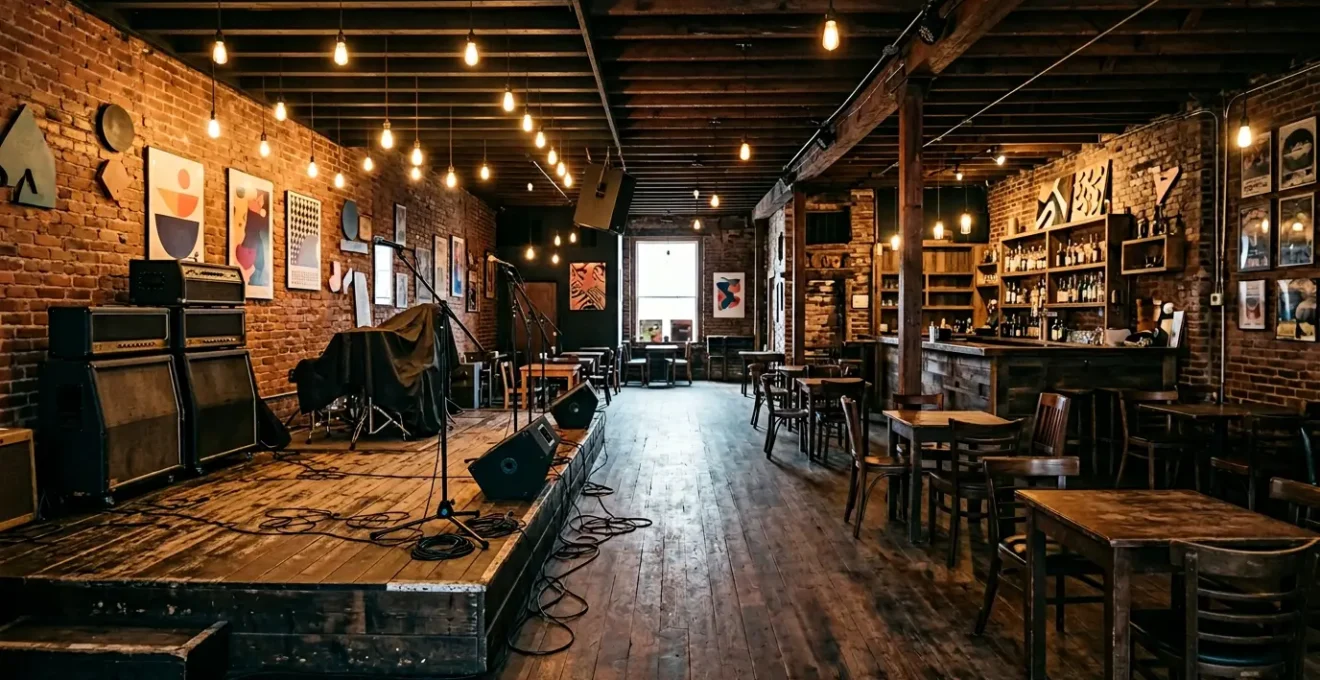 Small independent music venue interior showing intimate performance space with exposed brick walls and vintage sound equipment