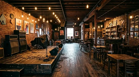 Small independent music venue interior showing intimate performance space with exposed brick walls and vintage sound equipment