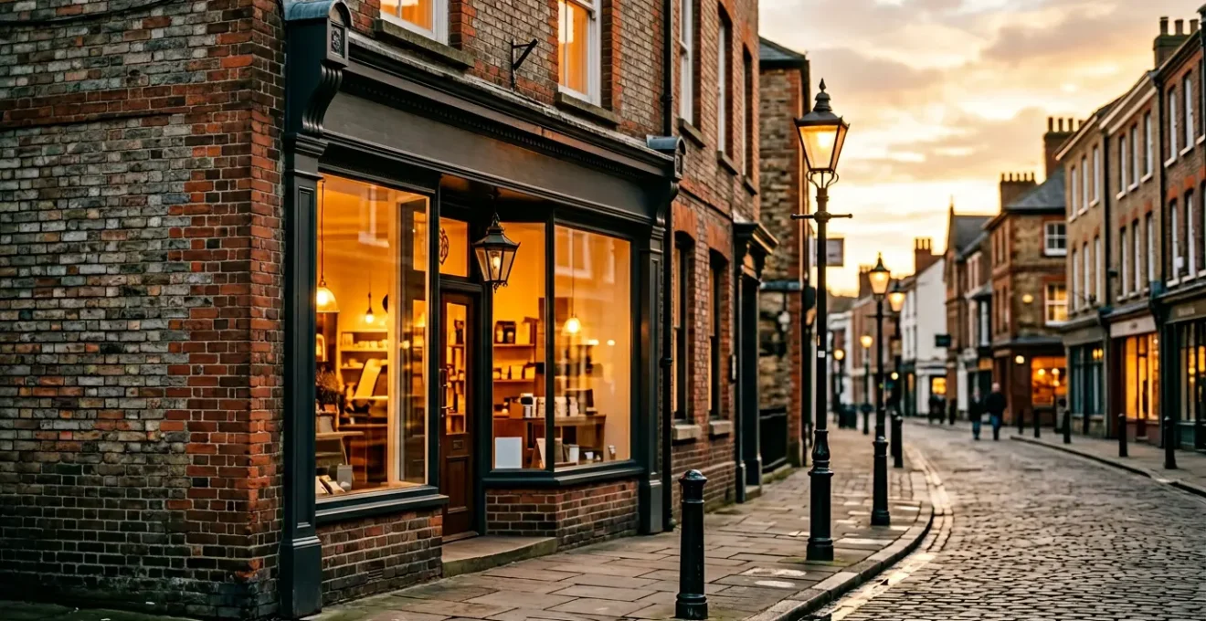 UK SME shop facade with warm lighting and distinctive visual branding elements on a British high street
