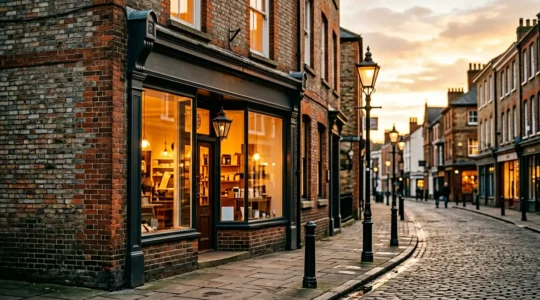 UK SME shop facade with warm lighting and distinctive visual branding elements on a British high street
