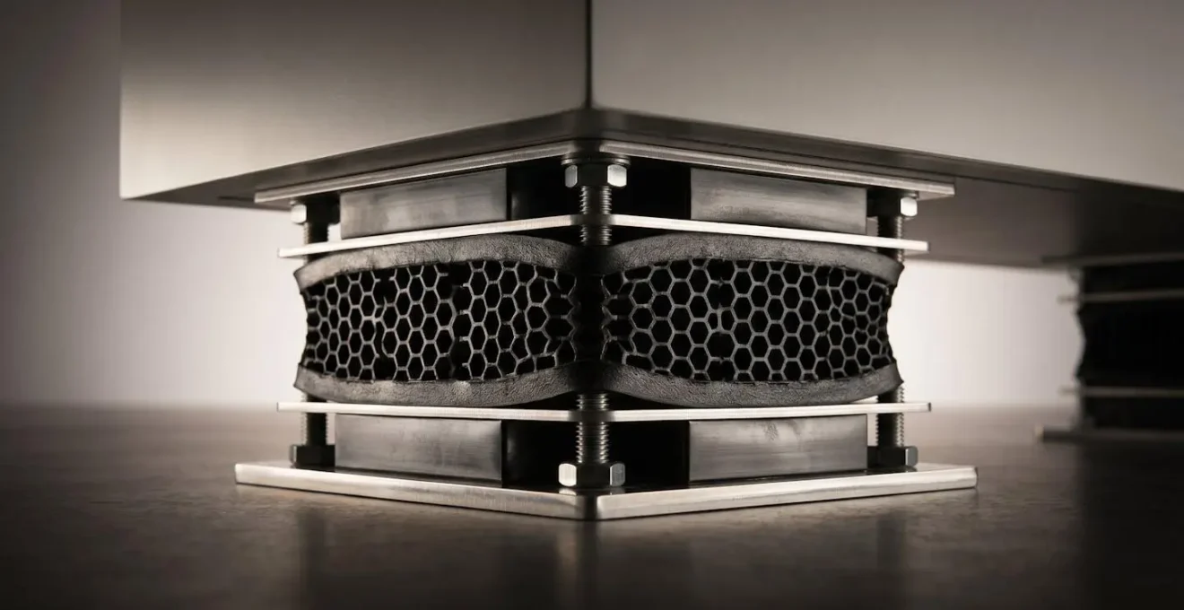 Detail view of vibration-dampening isolation system beneath museum display case plinth
