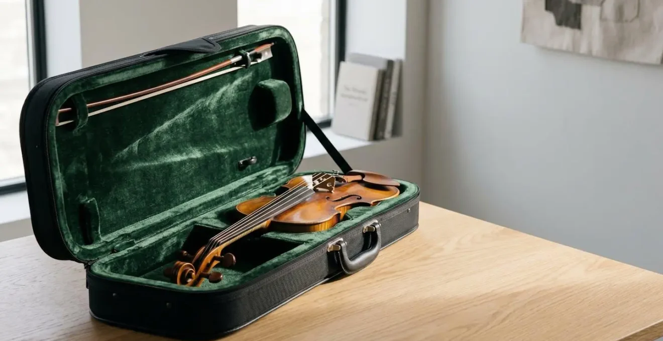 Professional violin case interior with instrument nestled in protective velvet lining