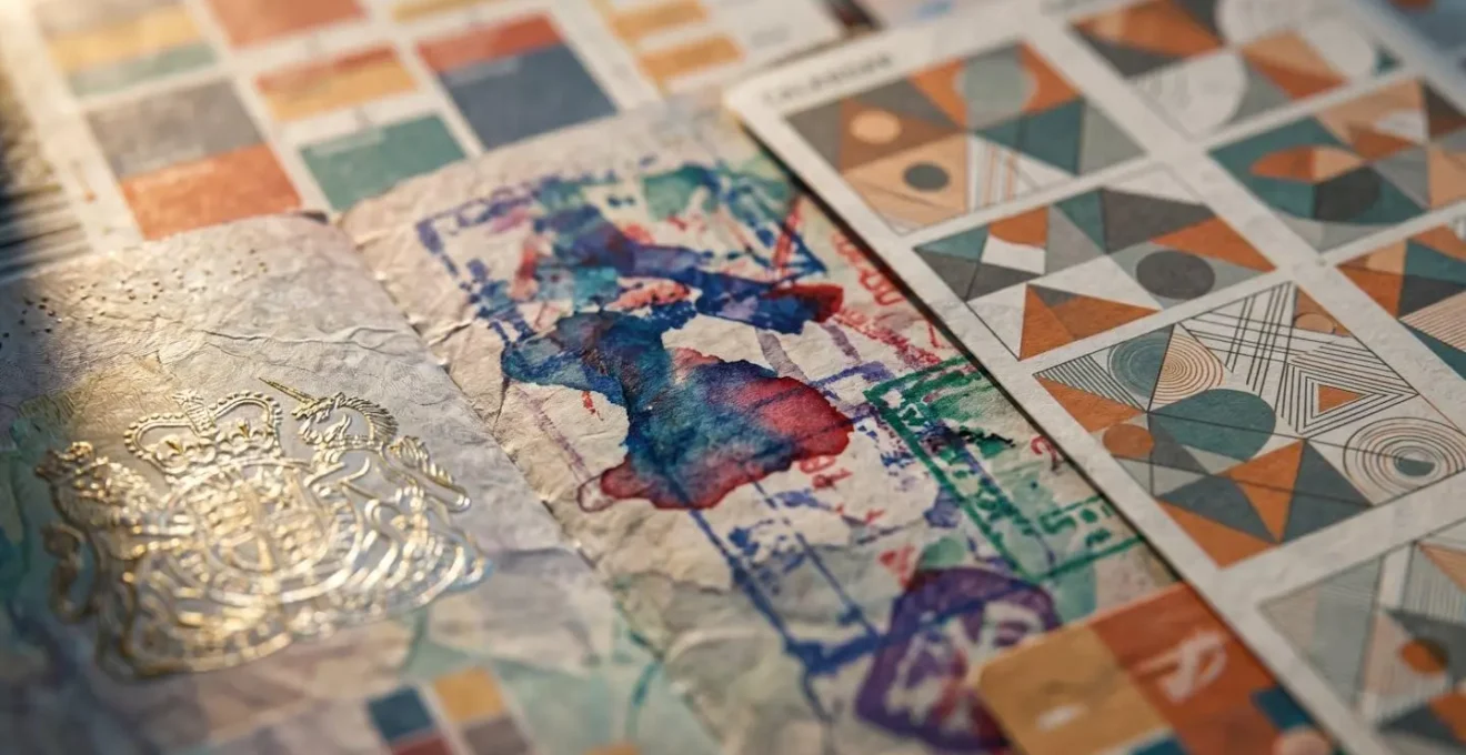 Macro shot of visa stamps and timeline planning materials for international artist exchange