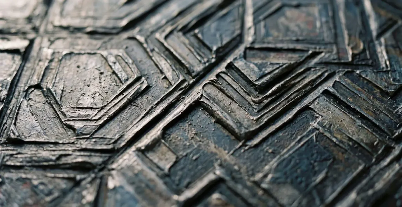 Close-up macro shot of angular brushwork patterns characteristic of Vorticist painting technique