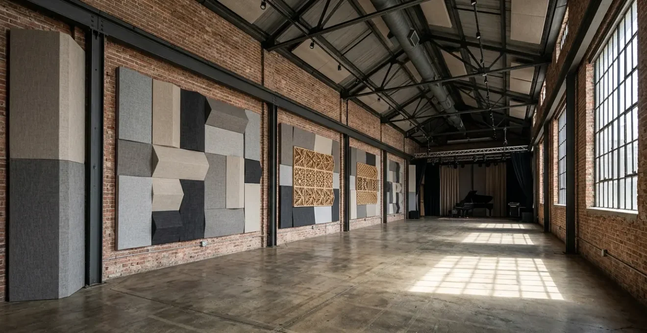 Interior of converted warehouse venue showing acoustic treatment installation