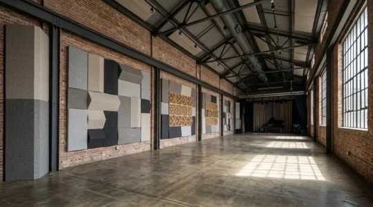 Interior of converted warehouse venue showing acoustic treatment installation