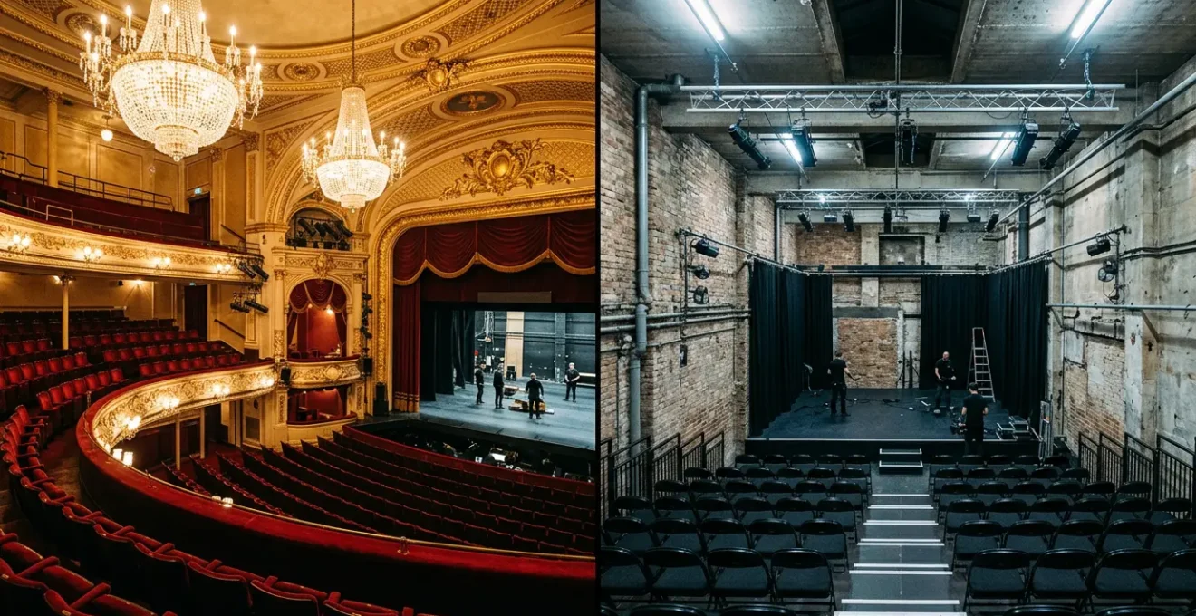 Split-scene comparison of West End theatre glamour versus intimate fringe festival setting