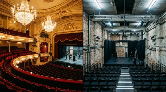 Split-scene comparison of West End theatre glamour versus intimate fringe festival setting