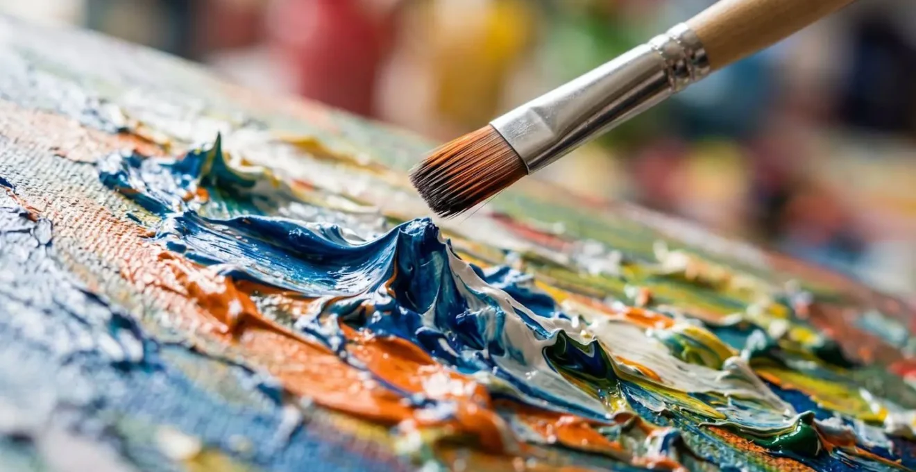 Extreme close-up of textured acrylic paint surface with a professional anti-static brush hovering above it.