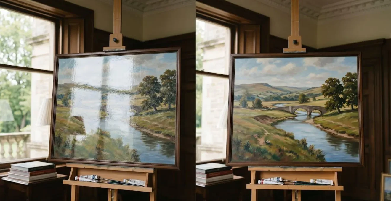 Split-screen comparison of a gloss varnished painting showing heavy window glare and a matte varnished painting with no glare.